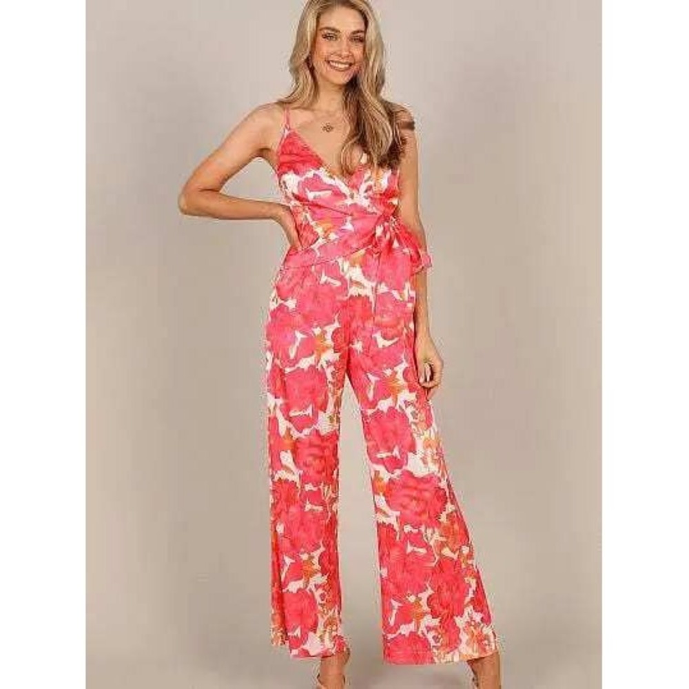 Petal & Pup Addison Jumpsuit‎ NEW Womens XL Pink Orange Floral Faux Wrap